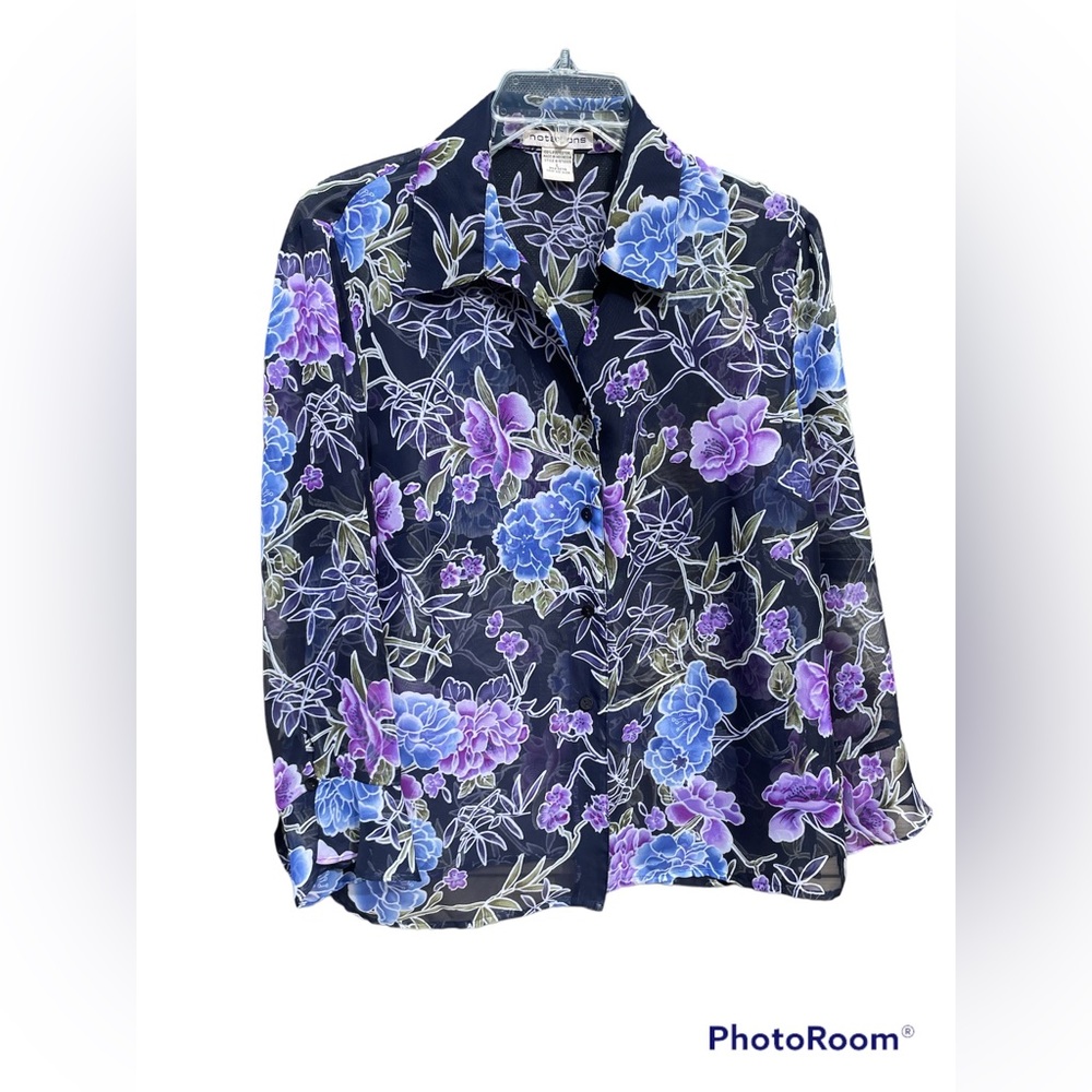 Notations Blouse Sz L Sheer Button Down Blouse Floral Black Blue Lavender